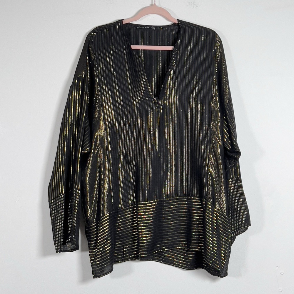 Zara Woman Black Gold Striped Metallic‎ Sheer Tunic Top Womens Sz L Long Sleeve